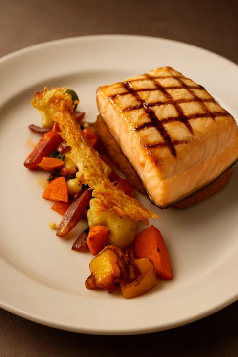 Salmón a la Parrilla Gourmet – Mi Mesa Restaurante Salmón a la parrilla con vegetales asados en plato blanco – platillo gourmet en Mi Mesa Restaurante